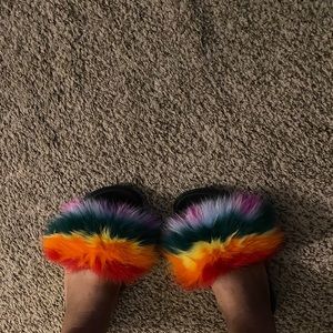 Real fur rainbow slippers